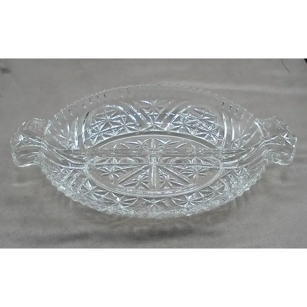 Anchor Hocking Oval 2 Part Relish Stars & Bars #1000 Clear Vintage MCM Glass